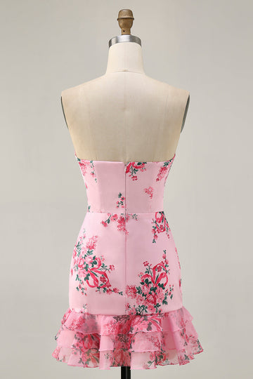 Pink Floral Bodycon Strapless Printed Short Homecoming Dress with Ruffles